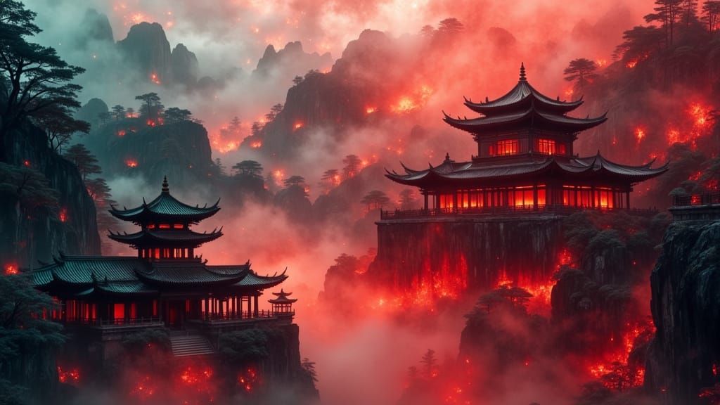 Ancient Chinese Temple in Luminescent Red Mist Valley