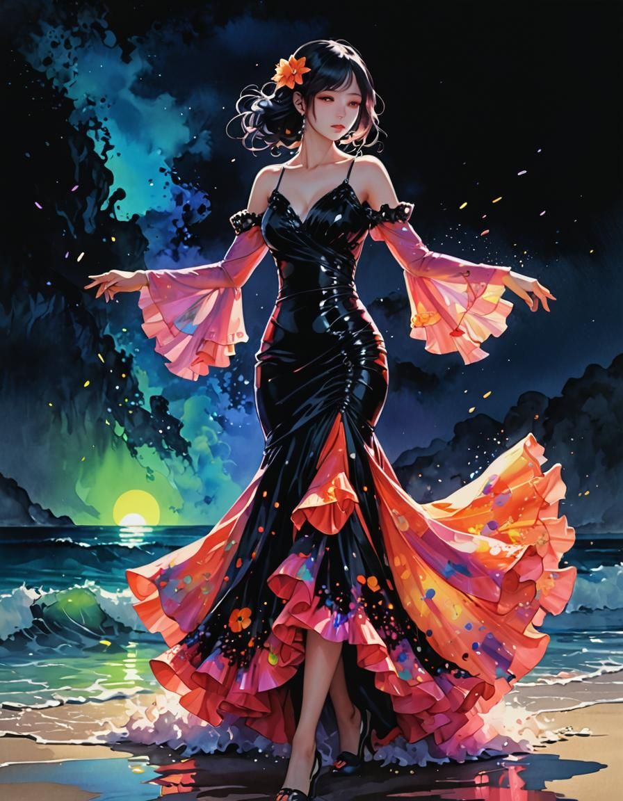 Flamenco Dress on the Beach in Anime Style
