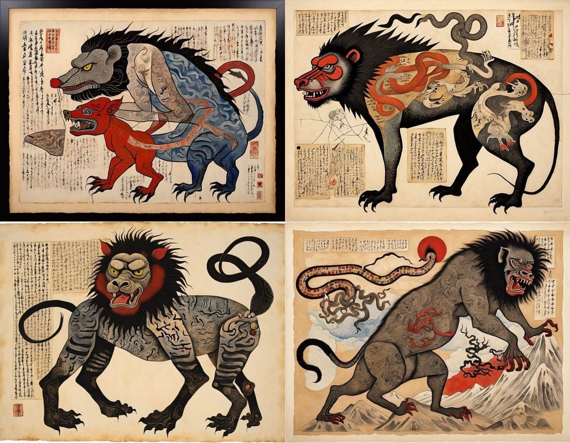 Mythical Mutant Collage in Japanese Mixed Media Style