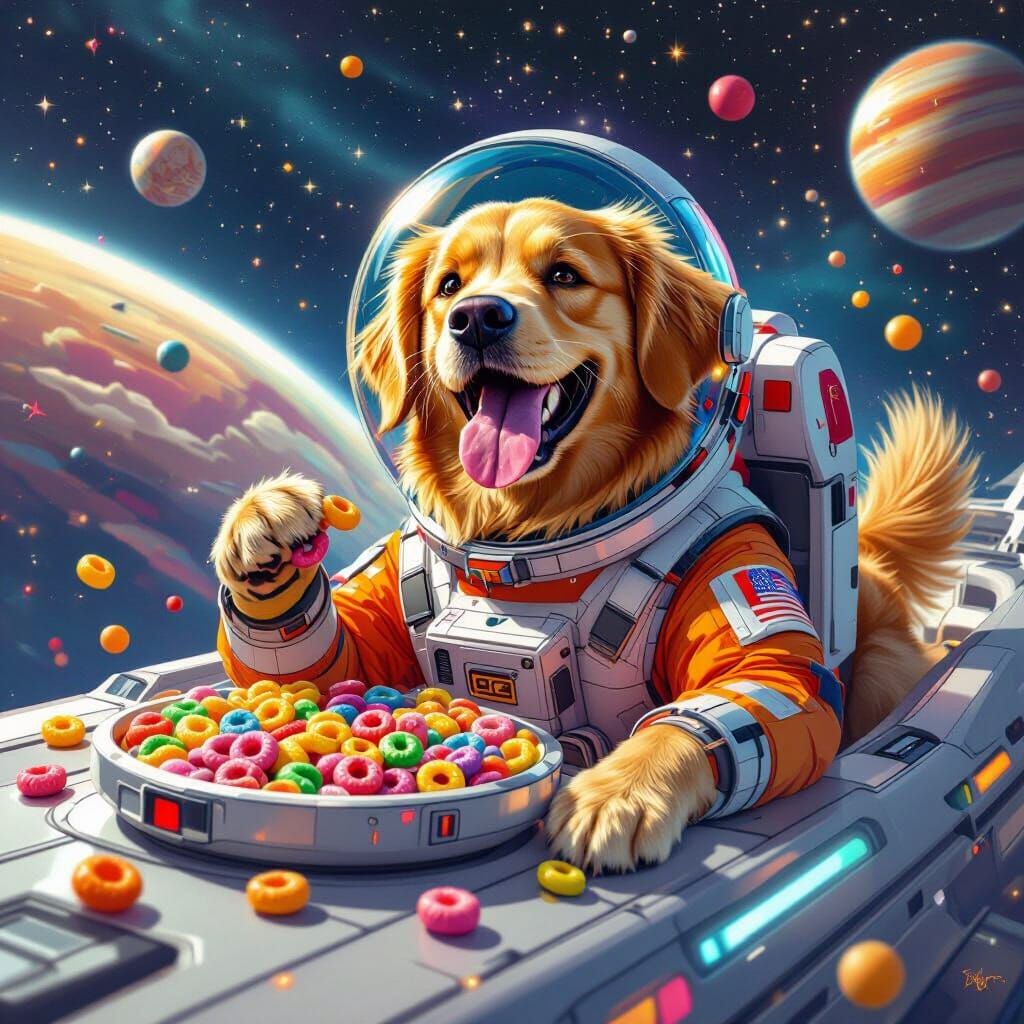 Golden Retriever Astronaut Enjoys Fruit Loops in Space