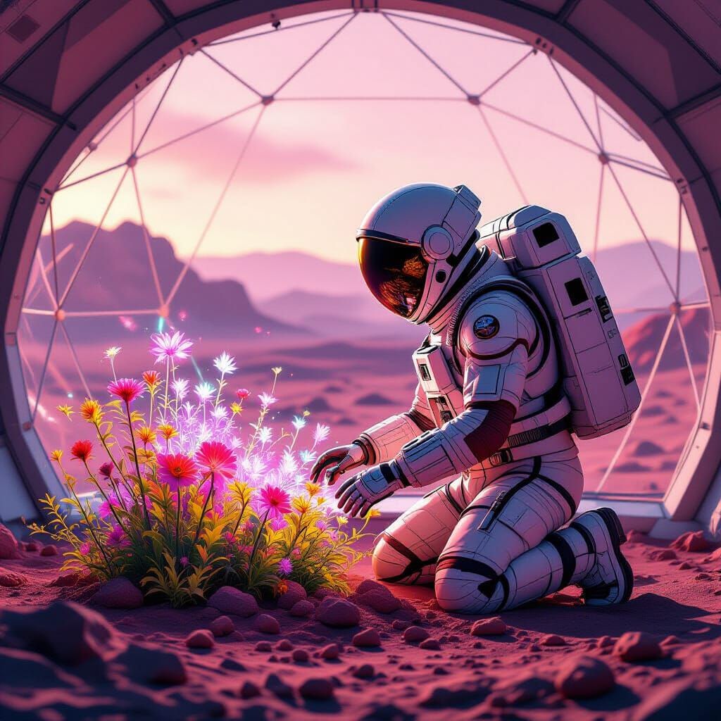 Astronaut Tends Bioluminescent Martian Garden