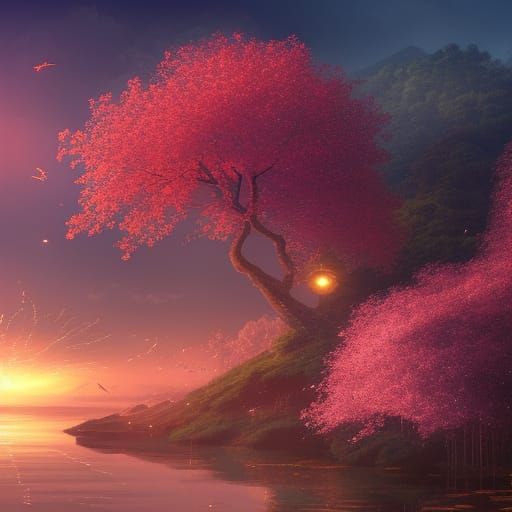 Golden Bird and Cherry Blossoms at Sunset