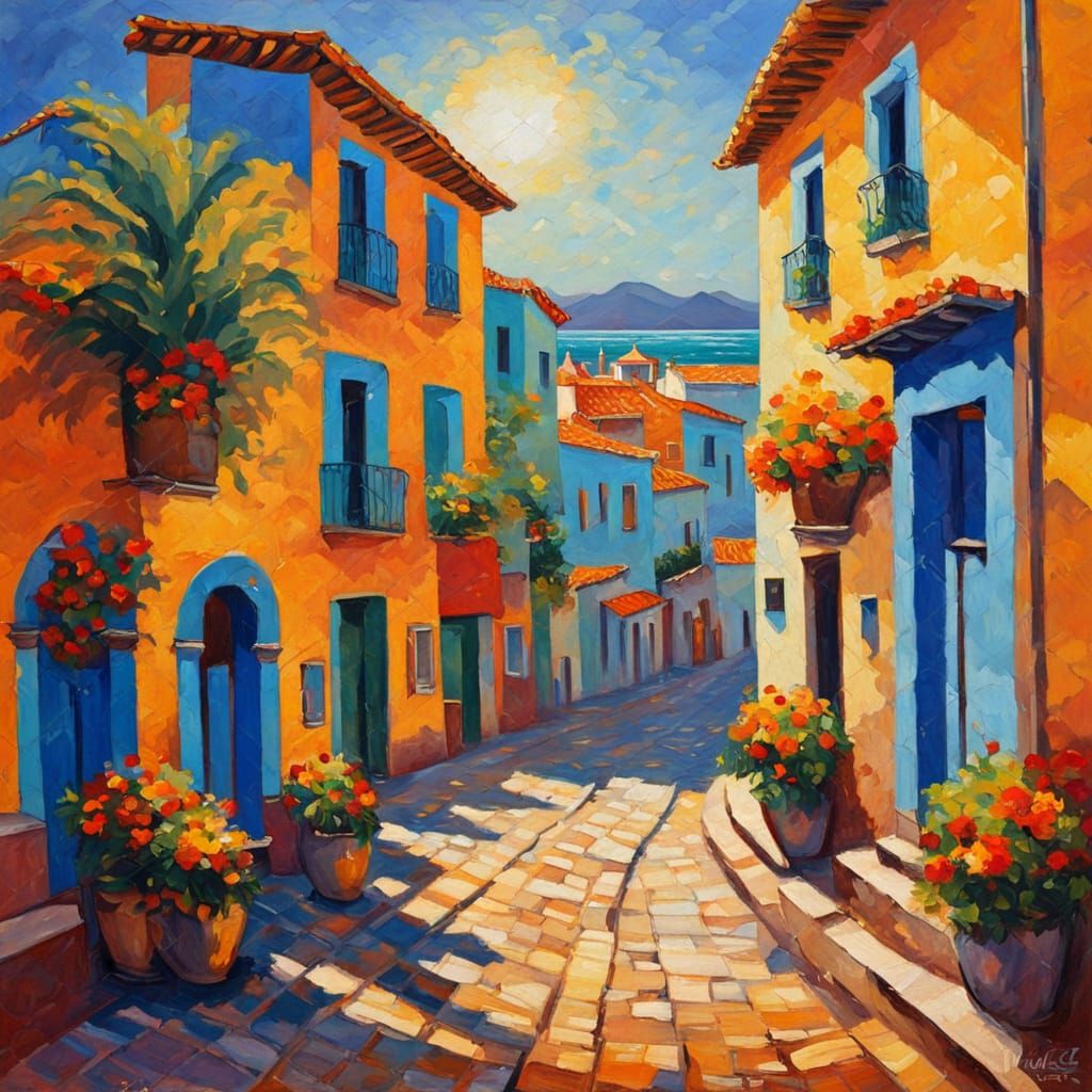Neo-Impressionist Oil Painting of a Sun-Soaked Spanish Seasi...