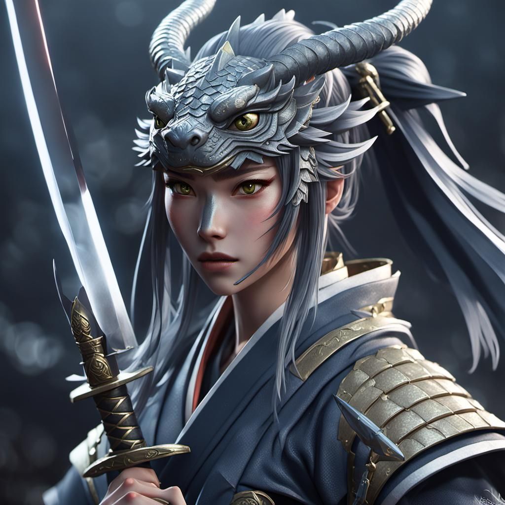Anime Samurai Girl with Dragon Sword in 3D