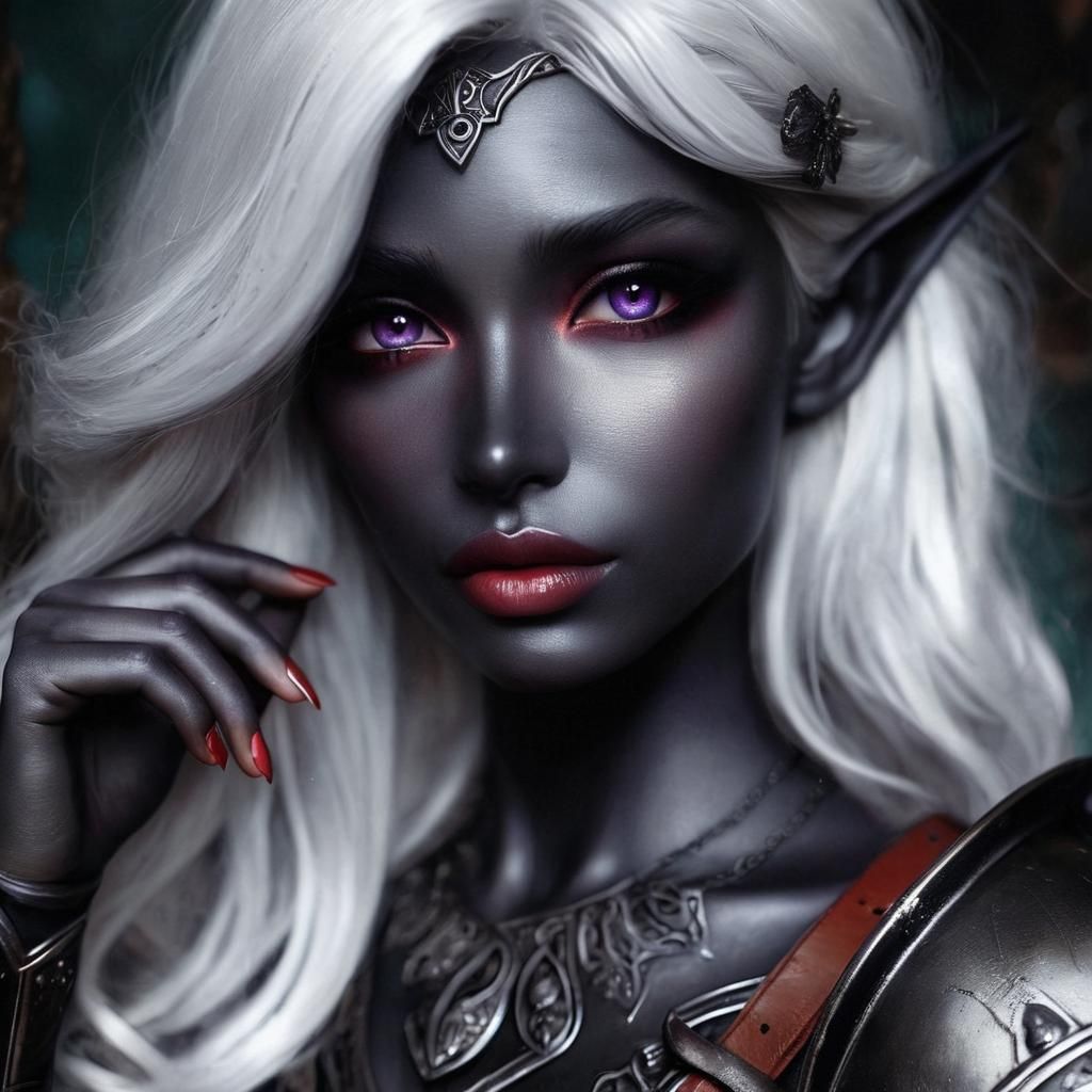charcoal coloured skin, female elf, magical red eyes, white ...