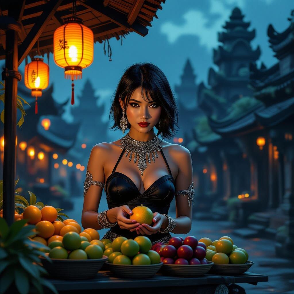 Mysterious Woman at Twilight Market in Dark Fantasy Style