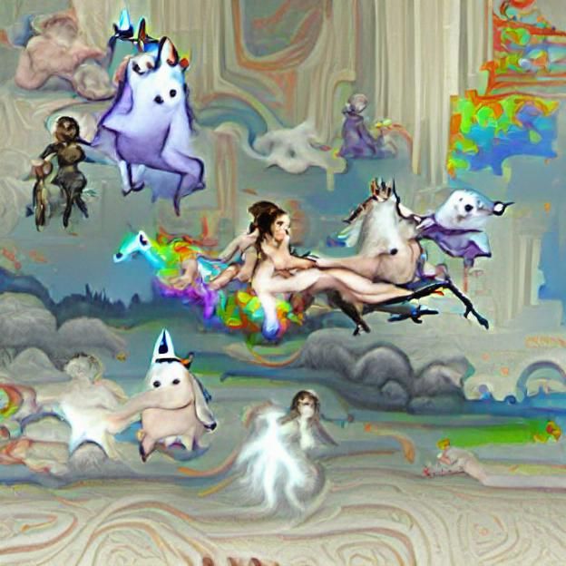 Unicorn Surrounded by Ghosts in Fantasy Scene