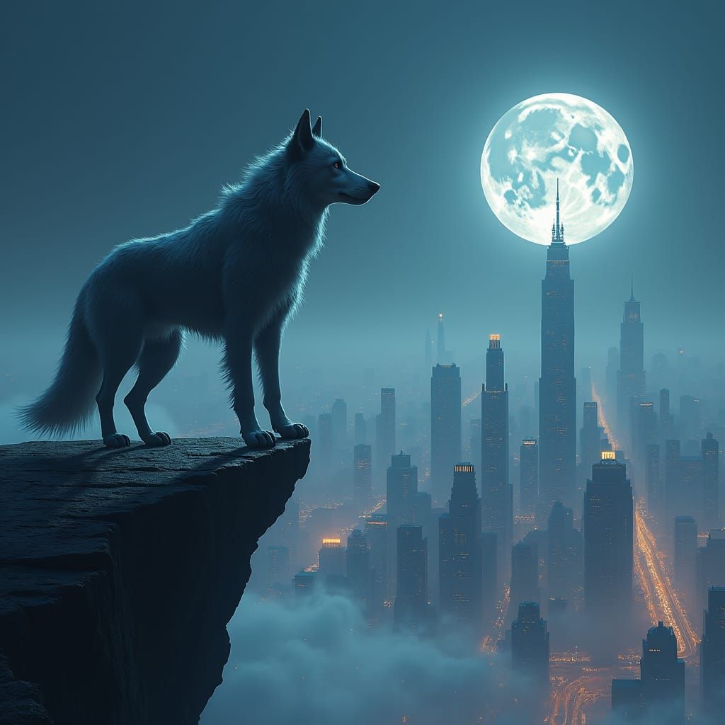 Wolf Watches Moonrise Over Cyberpunk City