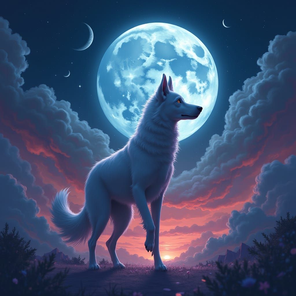 Lunar Canine Emerges from Dreamy Nightscape