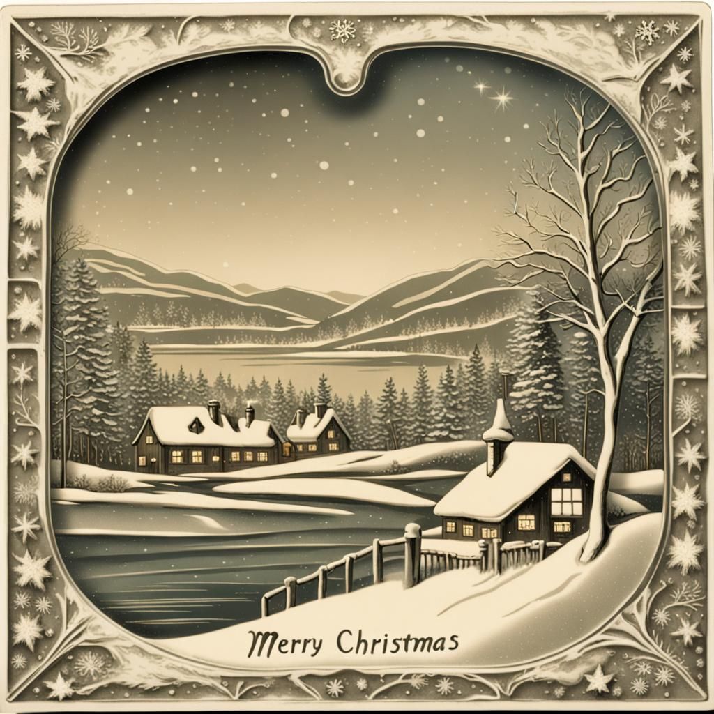 Engraved Glass Christmas Postcard Winter Scene