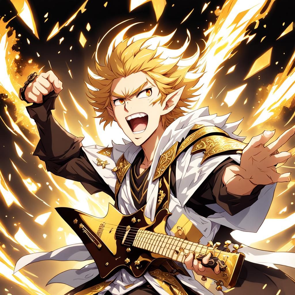Anime Half-Elf Bard Riffs on Magic Guitar
