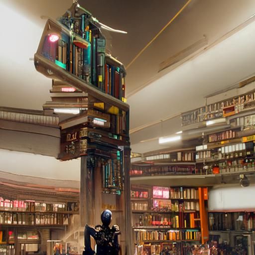 Steampunk Robot Librarian in Ornate Cyberpunk Library