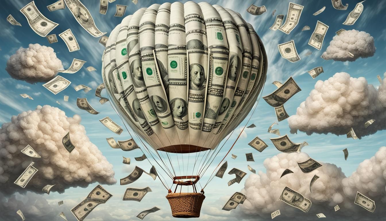Dollar Balloon in a Surreal Sky, Digital Art