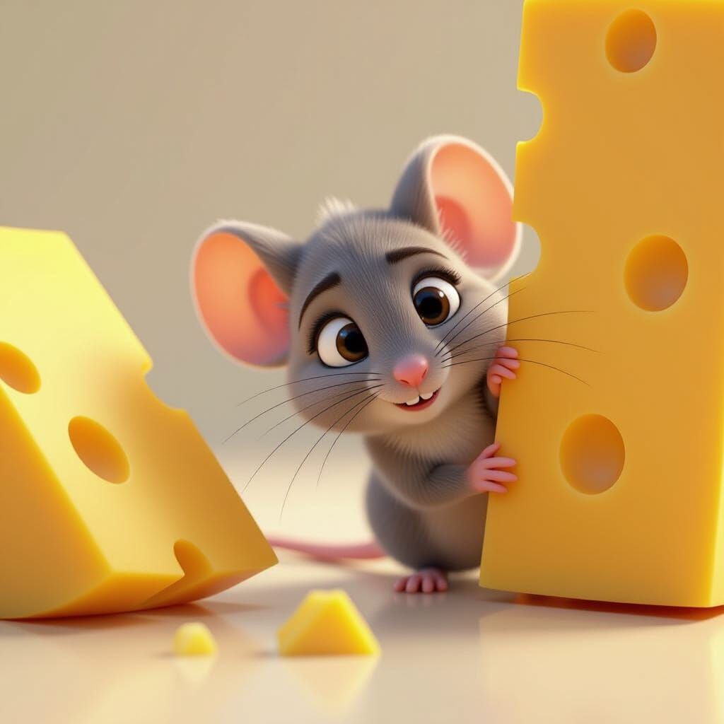 Shy Mouse Peeks from Swiss Cheese: Pixar Style