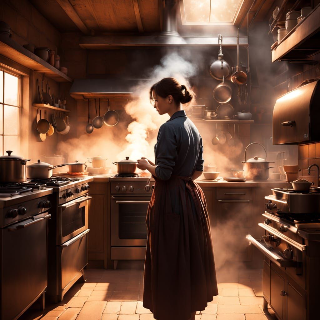 Mother Cooking in Steamy Kitchen: Digital Matte Painting