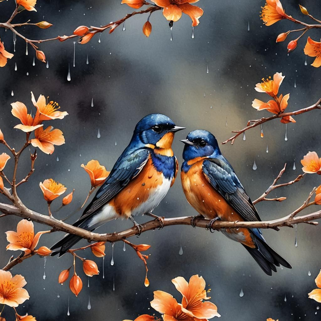 Barn Swallow Perched on Flower: Vivid Watercolor Painting