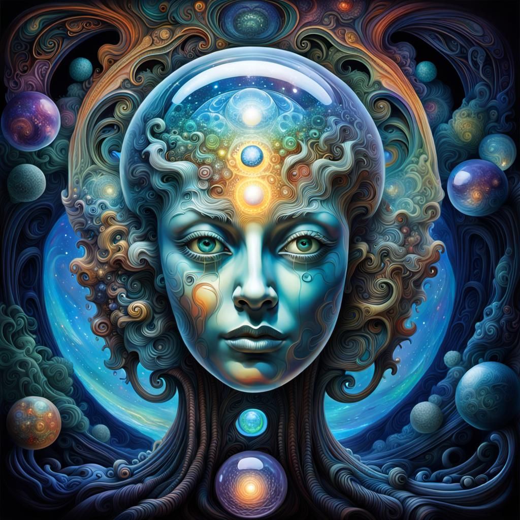 AI Face Enclosed in Dreamlike Opaline Sphere