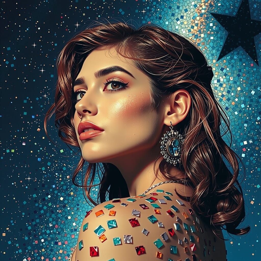 Iridescent Mosaic Woman in Starry Night Sky