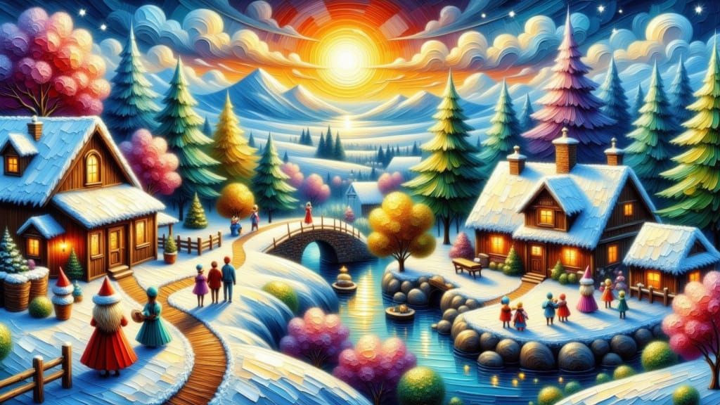 Winter: A village in the sunset light