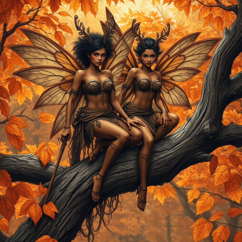 Fairy Warriors in Autumnal Forest, Ink Illustration