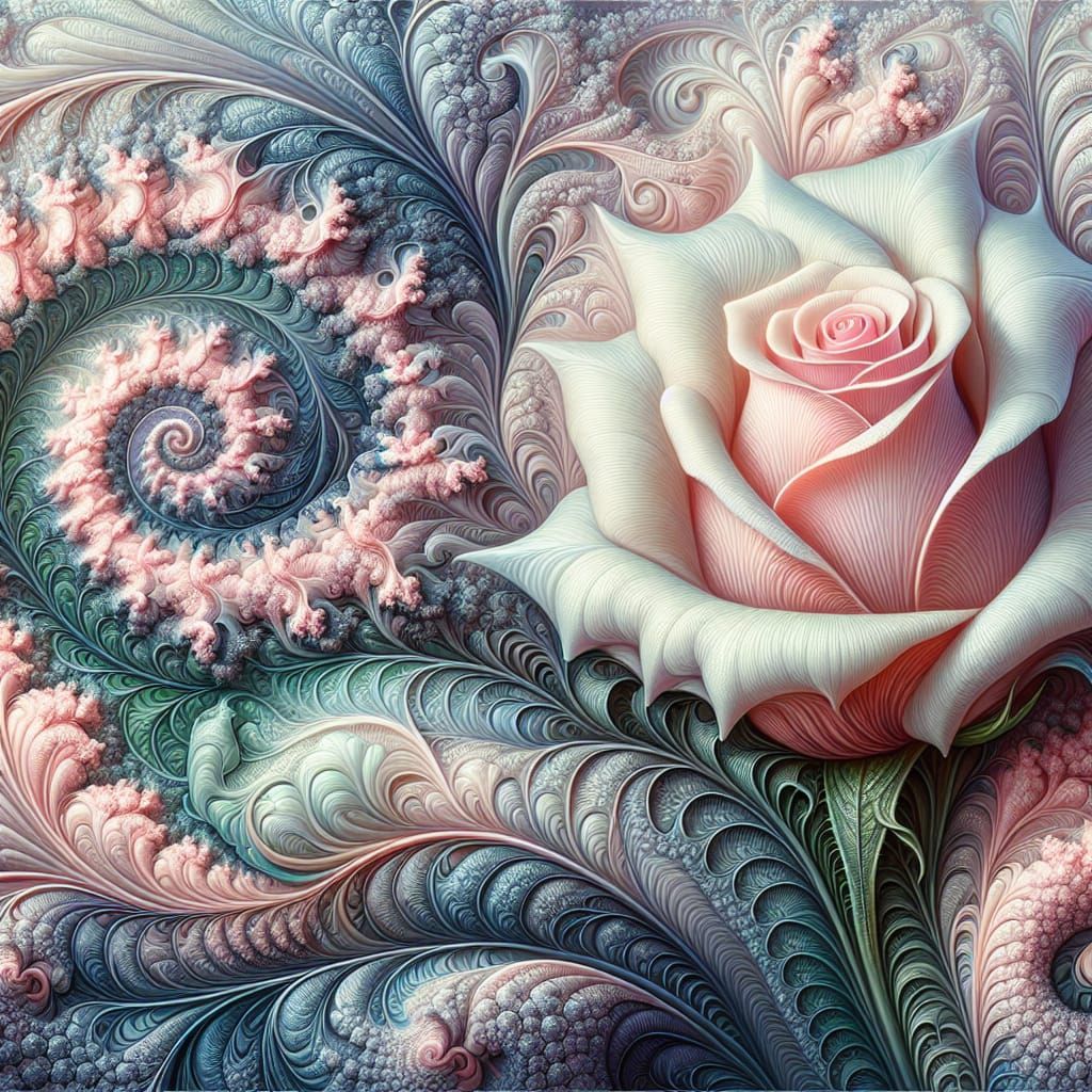 Filigree Fractal Embraces Rosebud in Pastel Ink Fantasy