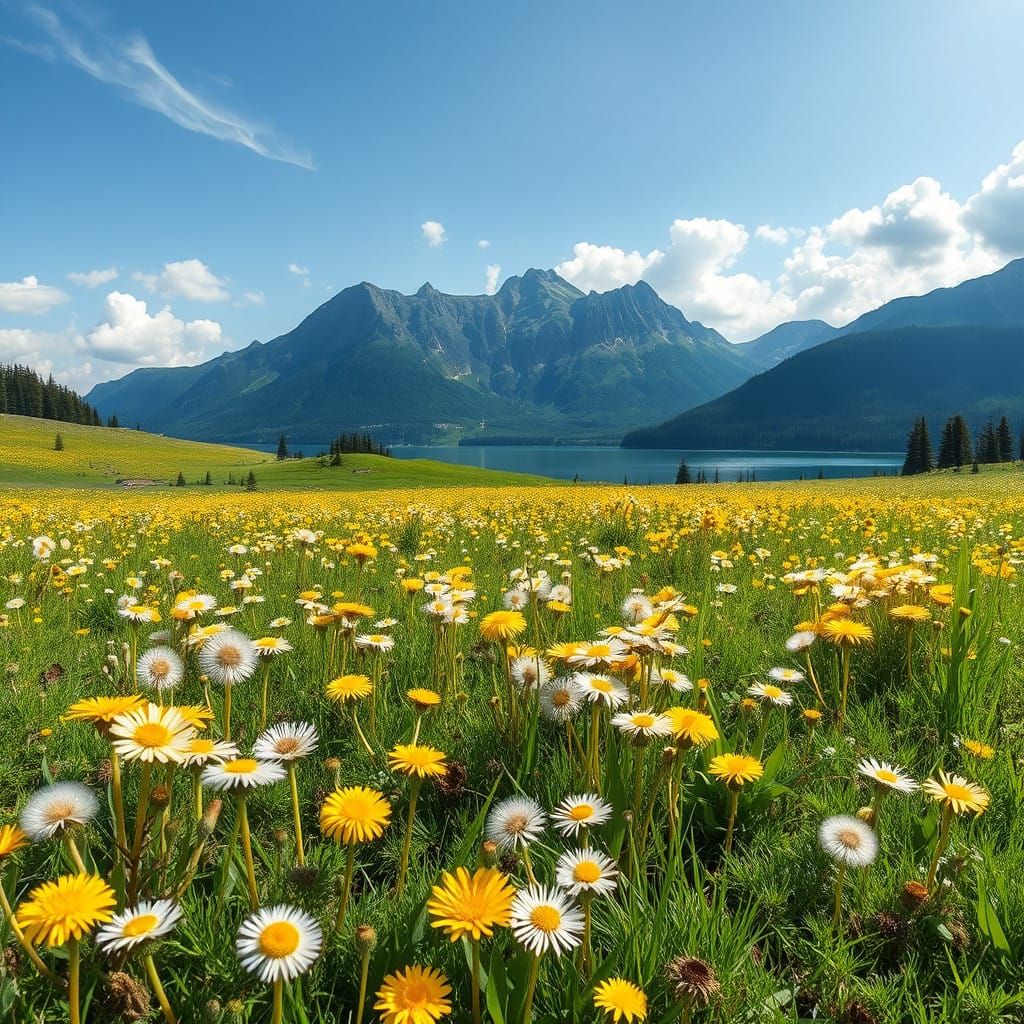 Mountain Lake Meadow Blooms with Vibrant Dandelions in Water...