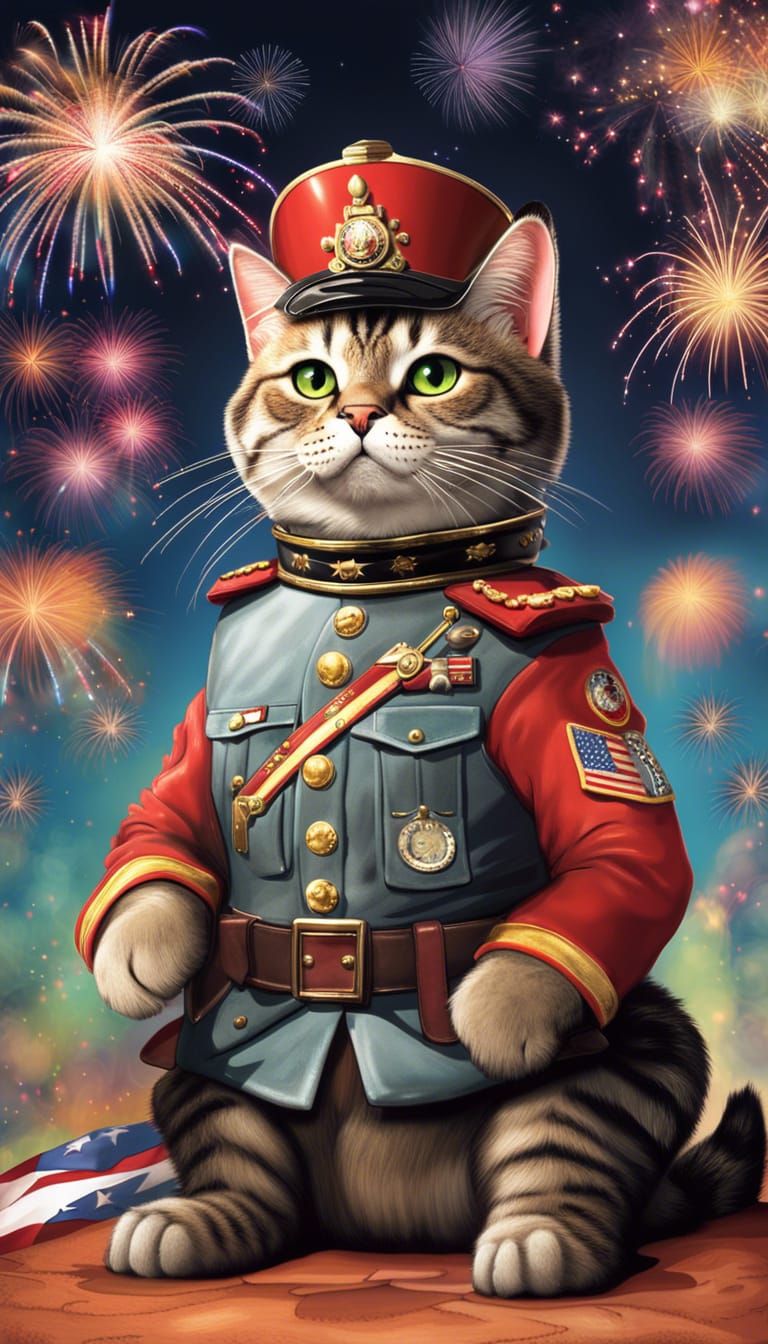 Cartoon Cat General Patton Celebrates with Fireworks