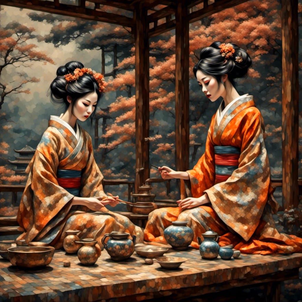Zen Garden Geisha Tea Ceremony in Encaustic Style