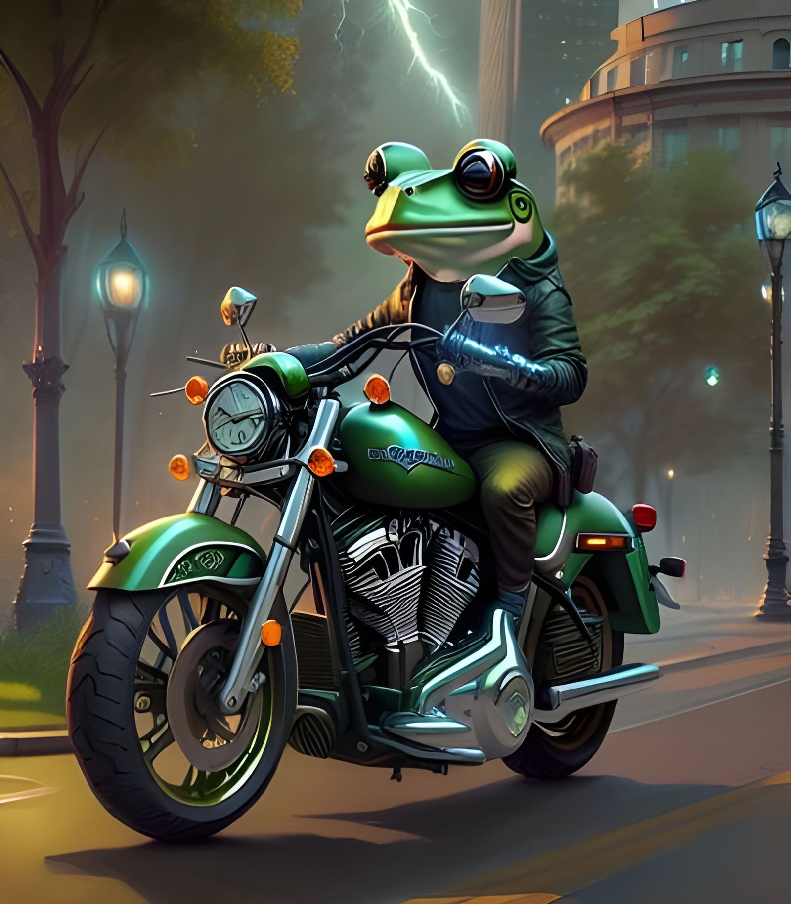 Frog Rides Harley in Sunny Park: Photorealistic Art