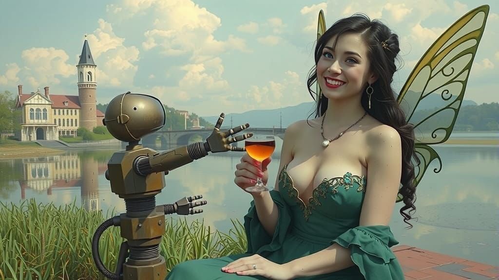 Fairy and Robot Sharing Wine, Cinematic Style