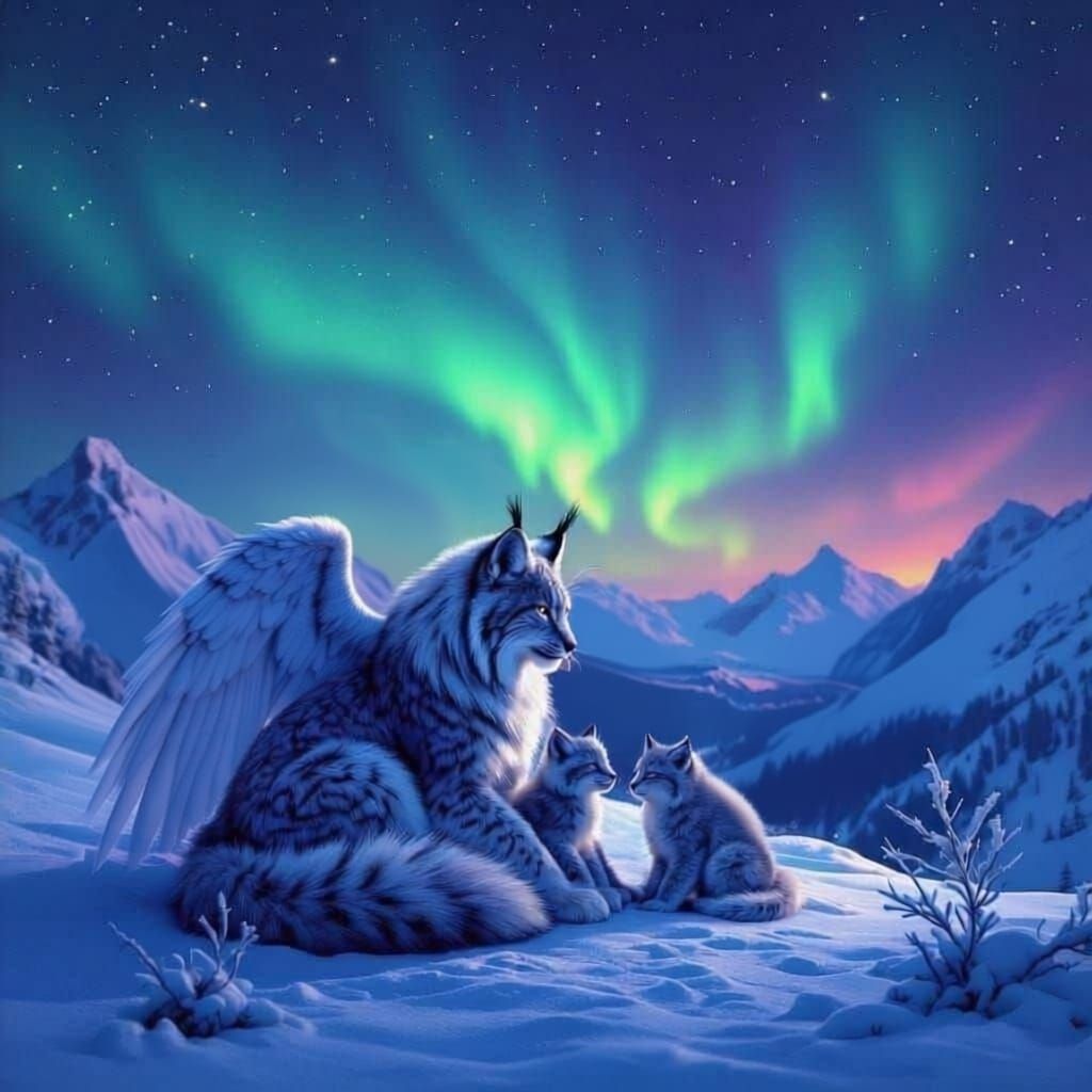 Winged Lynx Family in Snowy Mountains at Night