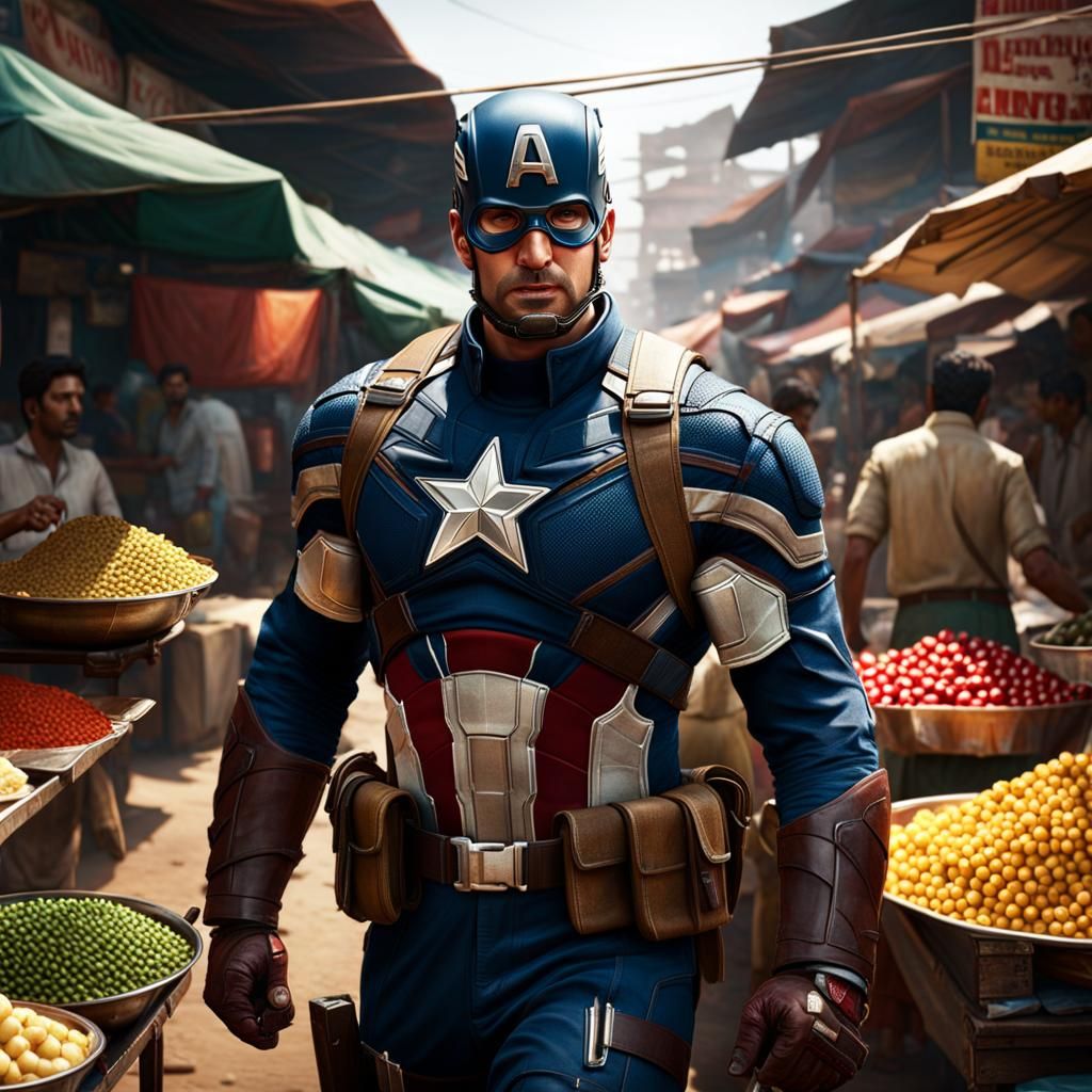 Captain America, with sunscreen and a camera, explores a bustling market in India, trying exotic street food. 8k resolut...