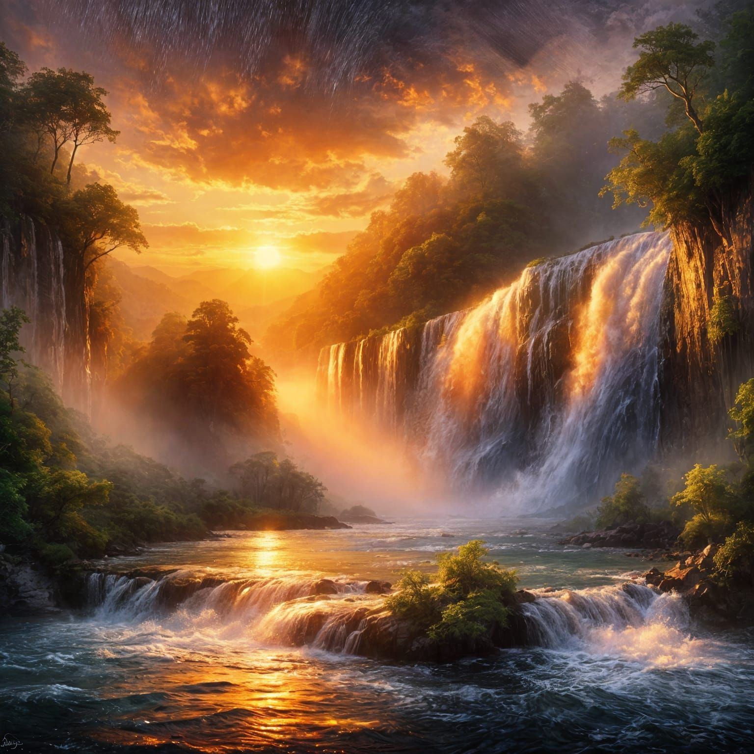 Sunset Waterfall as Oil Painting with Ethereal Glow