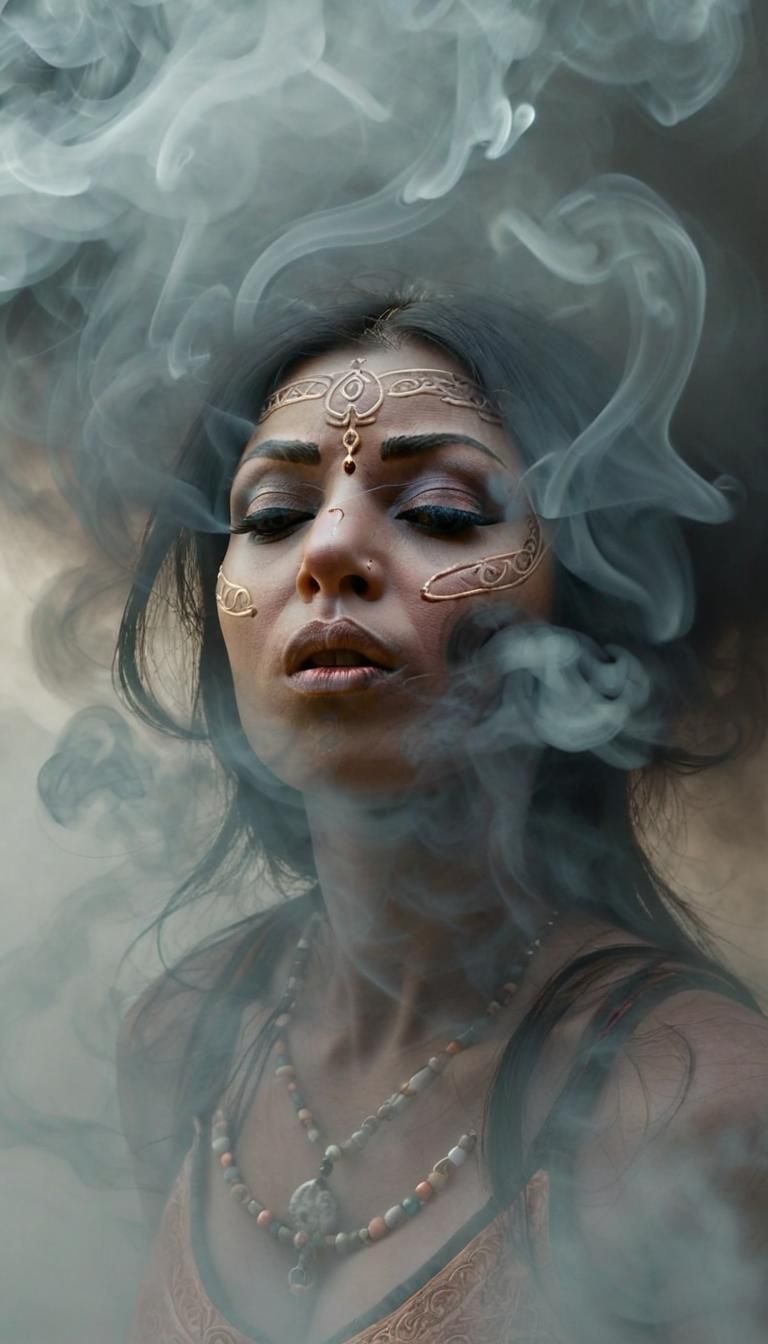 Ethereal Djinn Face Emerges from Smoky Mist