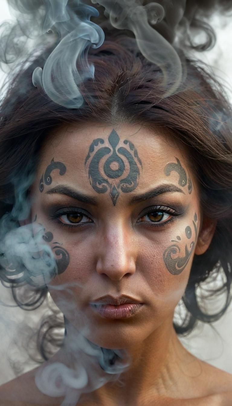 Ethereal Djinn Face Emerges from Smoky Mist