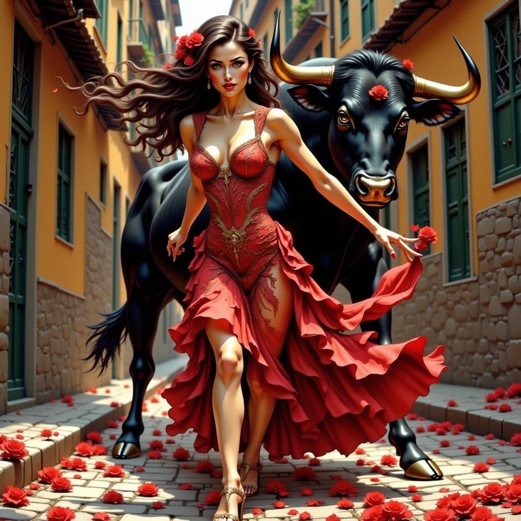 Woman Escaping Bull in Baroque Style