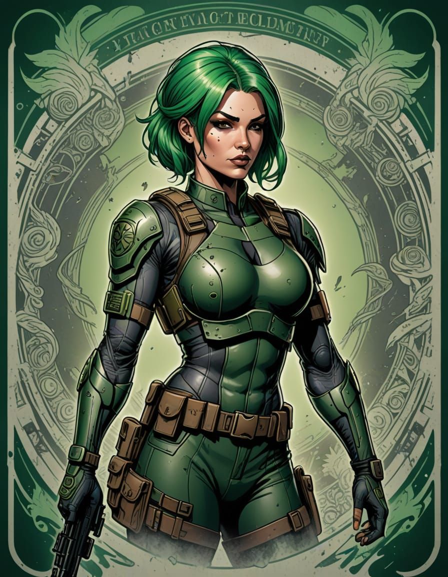 Female Soldier with Green Hair, in Comic Book Art Style
