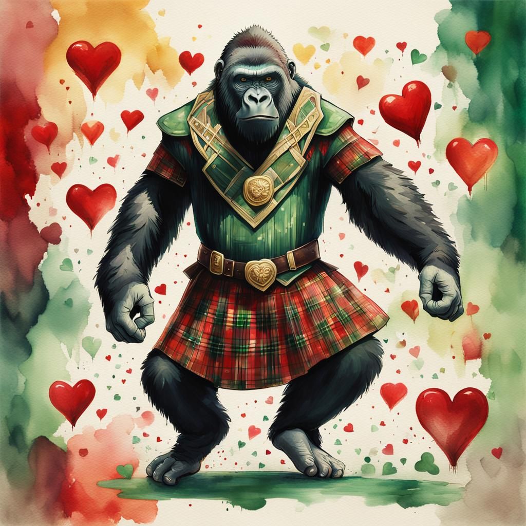 an anthropomorphic gorilla wearing a plaid print kilt dancin...