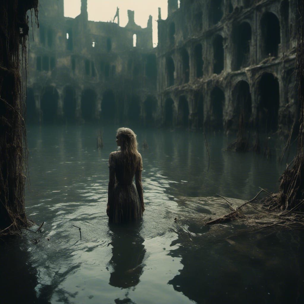 Drowned Woman in Medieval Lake: Beksiński and Baba Style