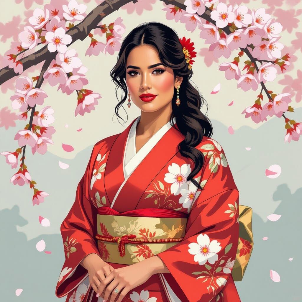 Selma Hayek in Kimono: Hokusai and Mucha Style