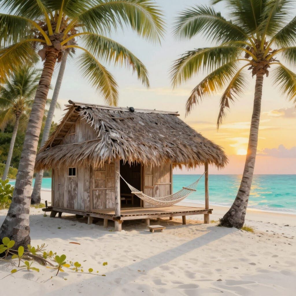 Tropical Island Beach Shack at Sunset