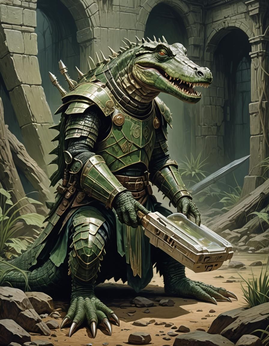 Regal Armored Crocodile Shaman: Surreal Concept Art