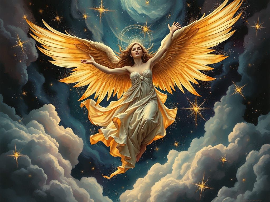 Ethereal Seraphim Angel Falls Amidst Cosmic Chaos