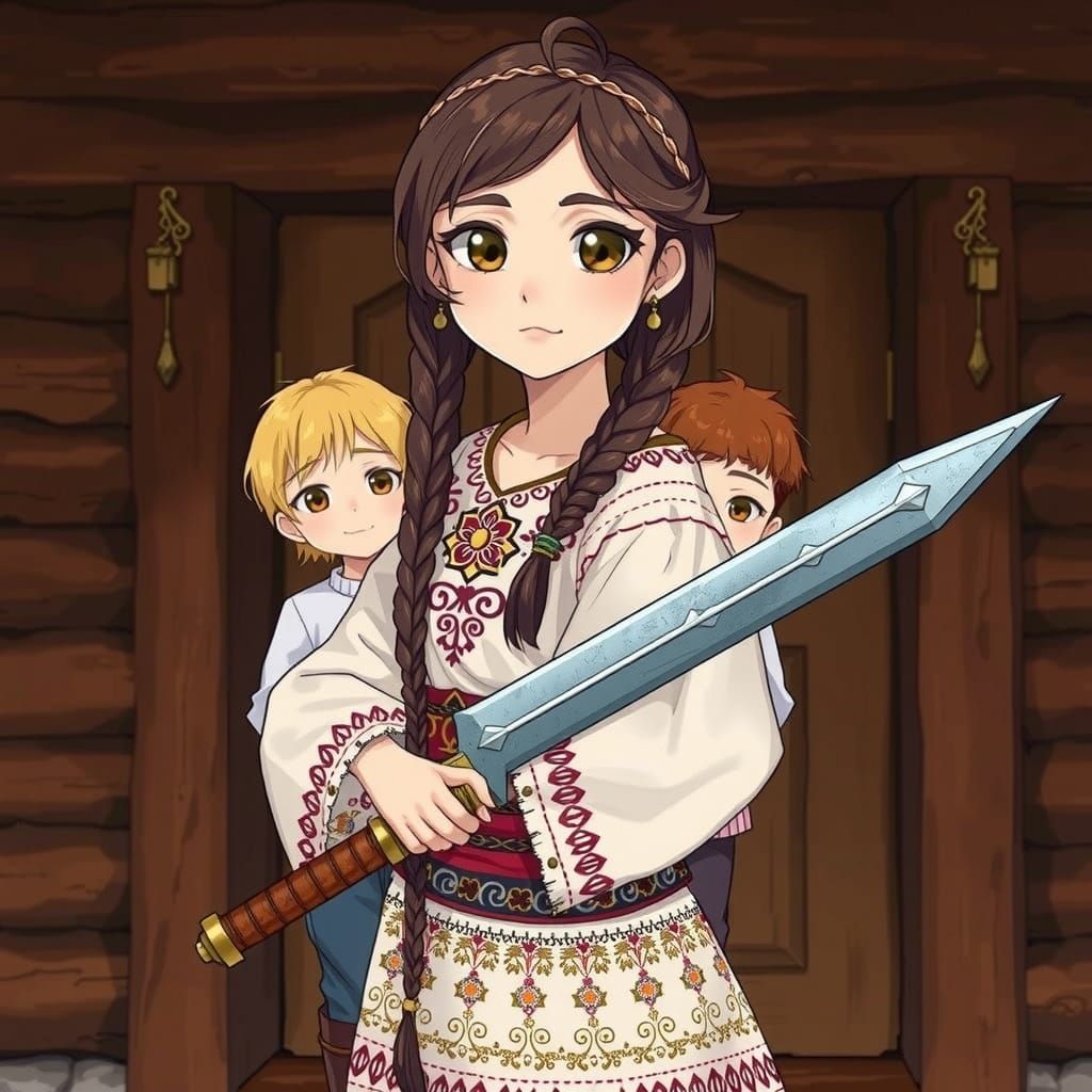 Motherly Love in a Medieval Village Scene, in Anime-Inspired...