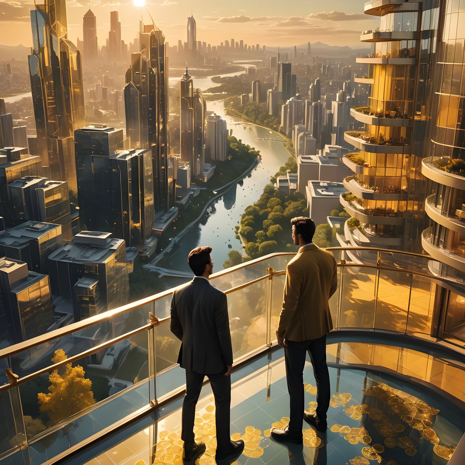 Futuristic Cityscape from High-Tech Mansion Balcony
