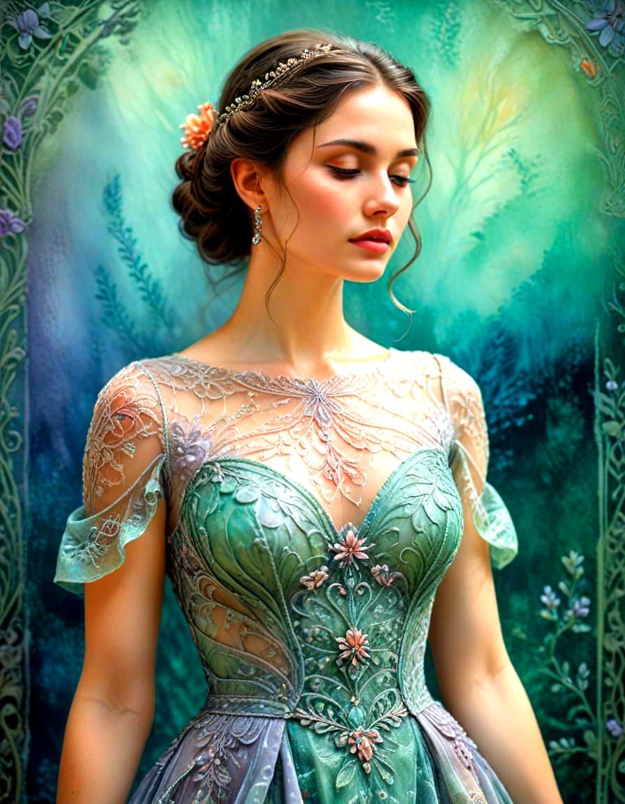 Elegant Woman in Intricate Glass Gown