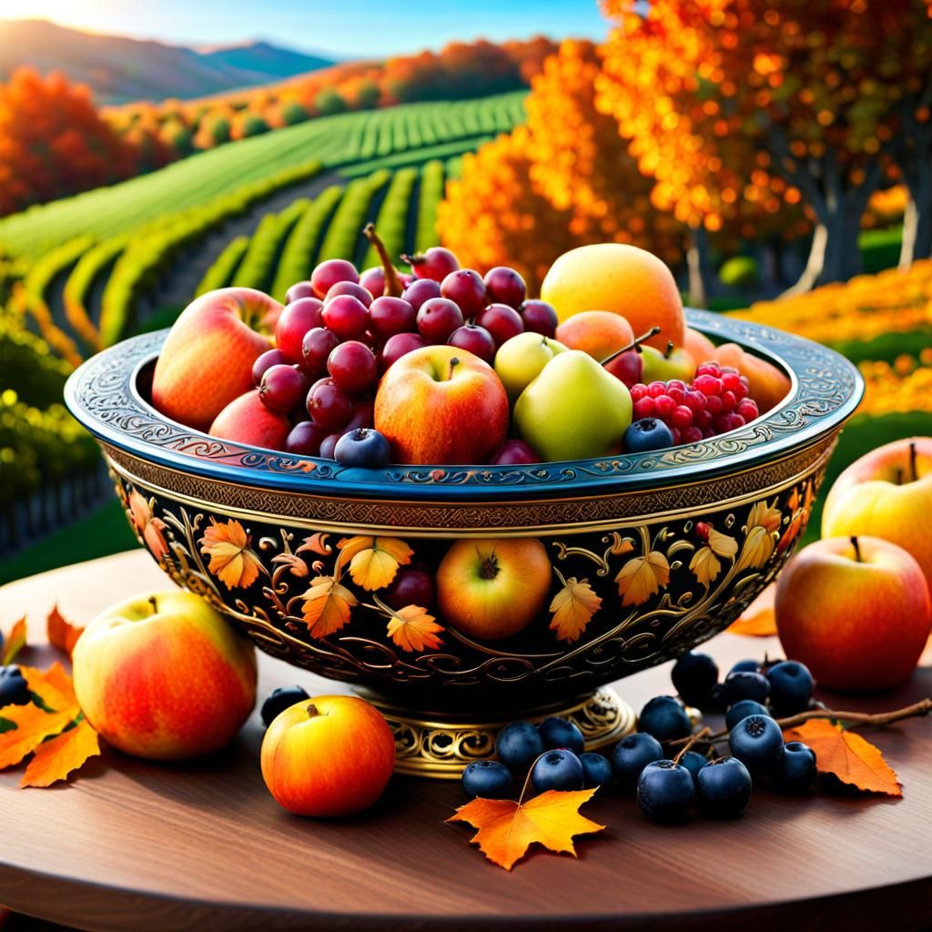 Floating Island of Autumn Fruits in Ornate Bowl