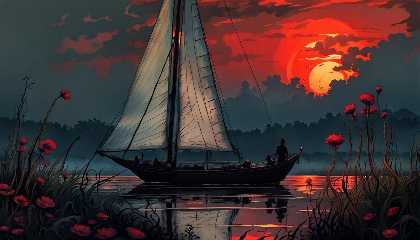 Snake Tattoo Sailboat at Sunset: Color Print Art