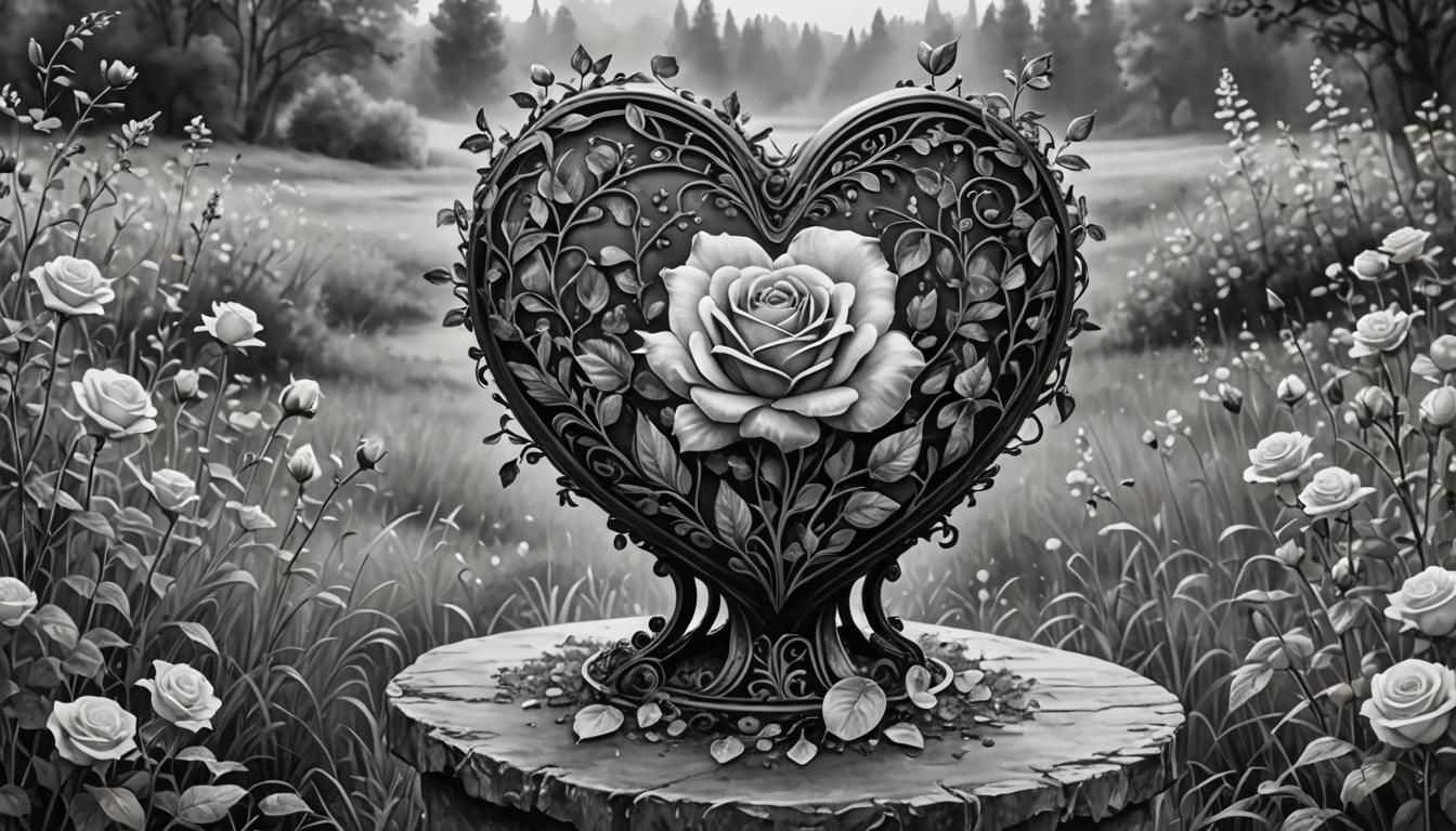 Enchanted Heart Vial with Rose Petals: Monochrome Watercolor