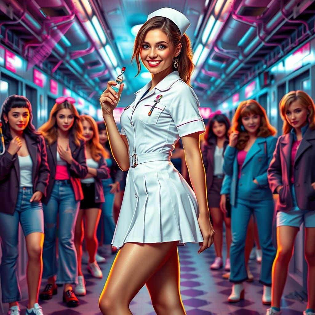 Confident Nurse in Crisp Uniform Poses in Electric 80s-Inspi...